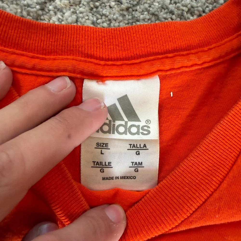 Vintage Adidas Mens Large Orange Graphic T-Shirt Short Sleeve Logo Crew Neck